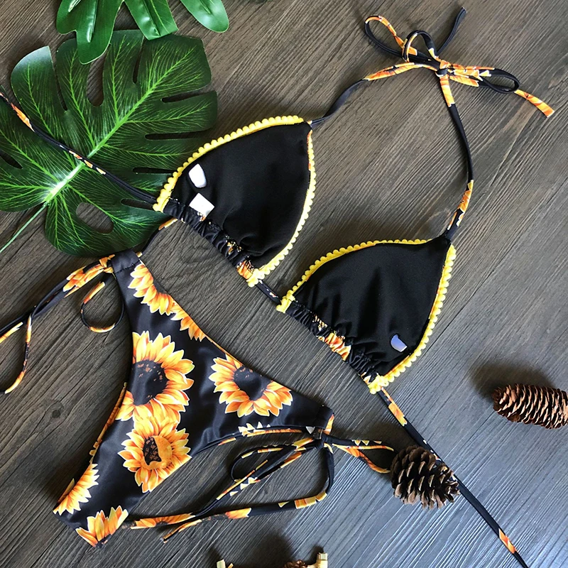 

Sunflower Print Bikini 2020 New Swimsuit Women's Ruffle Swimsuit Strap Bikini