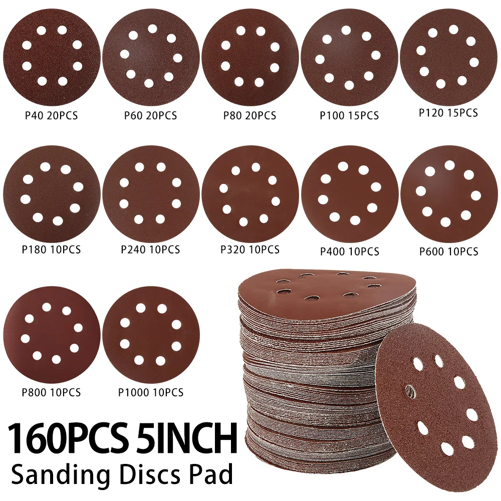 

160 Pcs 5 Inch 125mm 8 Hole 40-1000 Grit Round Shape Sanding Discs Hook Loop Buffing Sheet Sandpaper 8 Hole Sander Polishing Pad
