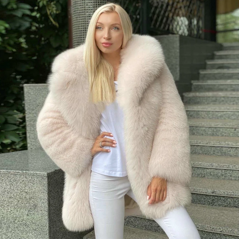 Mid-length Real Fox Fur Coat with Big Turn-down Collar Whole Skin Genuine Fox Fur Coats Woman Winter Outwear Trendy Fox Jackets