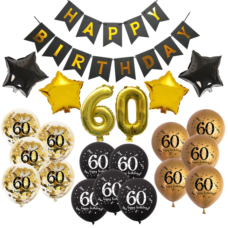 Шары воздушные черные золотые 30/40/50/60 лет баннер на день рождения для взрослых