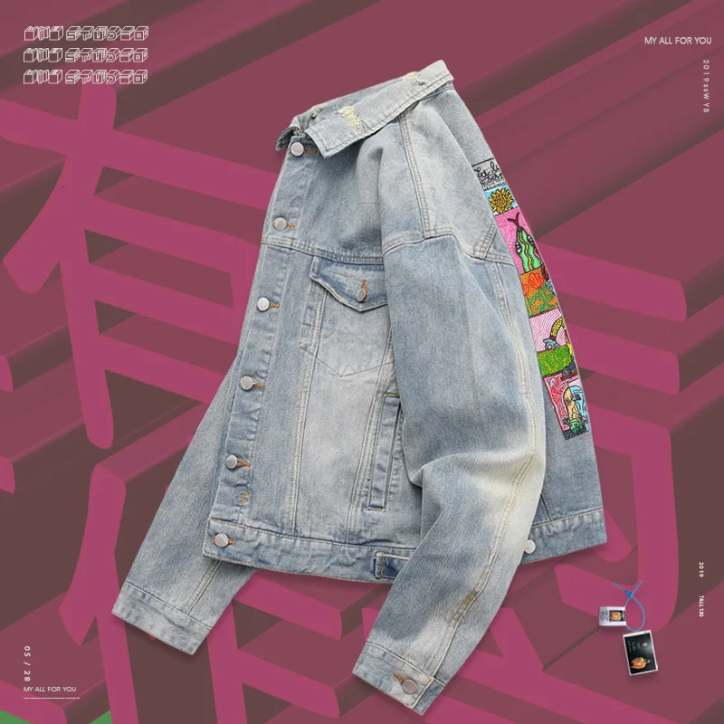 Джинсовая куртка с двумя карманами Забавный мультяшный комикс цветная ручная