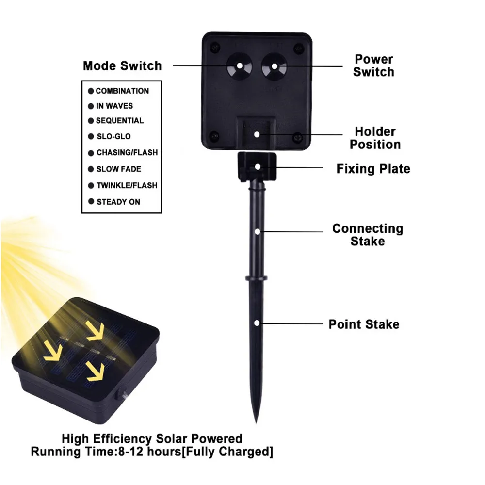 Светодиодная уличная гирлянда на солнечной батарее 8 режимов водонепроницаемая