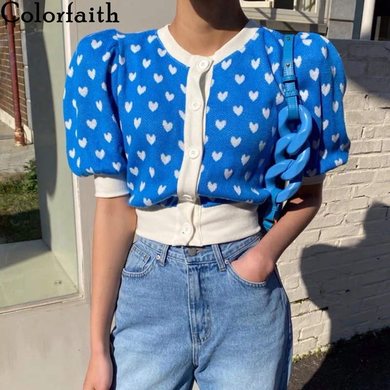 

Colorfaith Новинка 2021, женская летняя футболка, базовый вязаный винтажный однобортный женский короткий топ в горошек в Корейском стиле, T1333