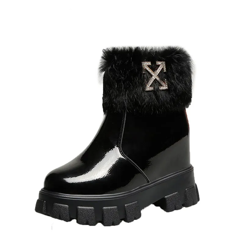 

Woman Snow Boots Winter Fur Middle Boots Solid Tied Plush Warm Rhinestone Shoes Girl White Black Wedges Boots Big Size 34-40
