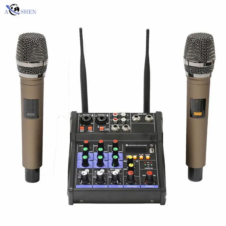 

Professional 4 ch audio mixer with handheld UHF wireless microphone for home studio livestream broadcast singing dj microfono