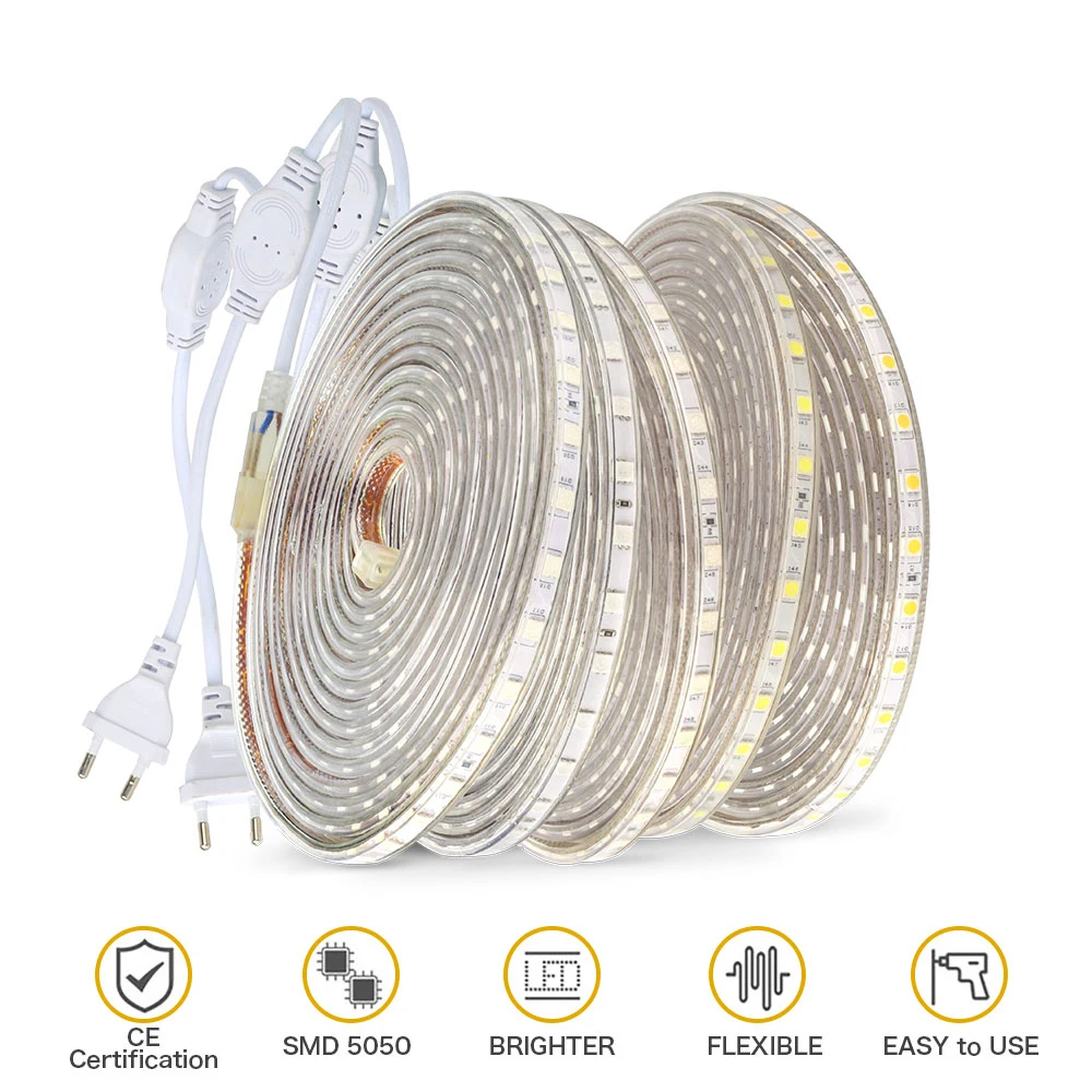 220V Светодиодные ленты светильник SMD 5050 Открытый Водонепроницаемый светодиодный ленты 60 Светодиодный s/M высокая яркость Крытый украшения новогодние гирлянды со штепсельной вилкой европейского стандарта