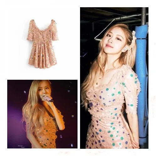 Женское приталенное платье kpop розовое кружевное с блестками и высокой талией в