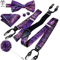 hi tie silk mens suspenders purple floral 6 clips braces bowtie pocket square cufflinks brooch set for men suspender wedding