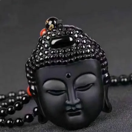 Натуральный черный обсидиан буддийский кулон бусины ожерелье модные