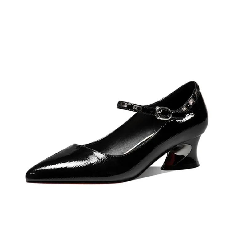 

MLJUESE 2021 Women Pumps Soft Cow leather Autumn Spring Rivets Black Color Pointed toe Mary Janes high heels pumps Size 42