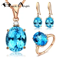 black angel new jewelry set imitation sea blue topaz simple adjustable rings women luxury cz pendant inlaid gemstone earrings