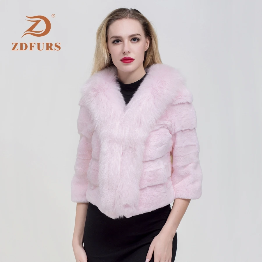 ZDFURS* 2019 new fashion whole skin rex rabbit fur coat female winter new big fox fur collar fur coat warm fur outerwear