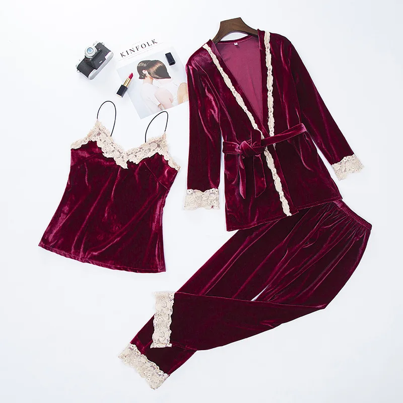 Женский бархатный пижамный комплект из 3 предметов Осенний кружевной Пижамный