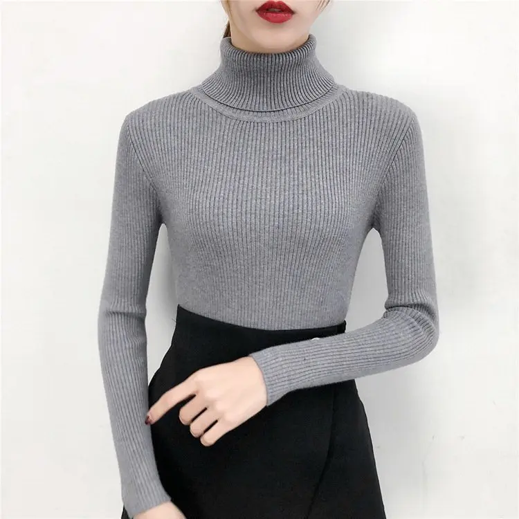 Gray turtleneck Зимняя футболка, вязаный пуловер с высоким воротником, Женские базовые рубашки с высоким воротником, простой свитер с длинным рукавом, футболки, женские тонкие футболки, топы - Цвет: Gray turtleneck