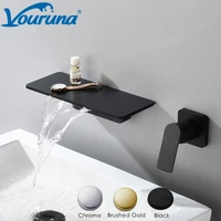 Vouruna Black Waterfall Wall Mount Bathroom Faucet Basin Sink Mixer Tap Brushed Golden Vessel Wall Basin Spout Set