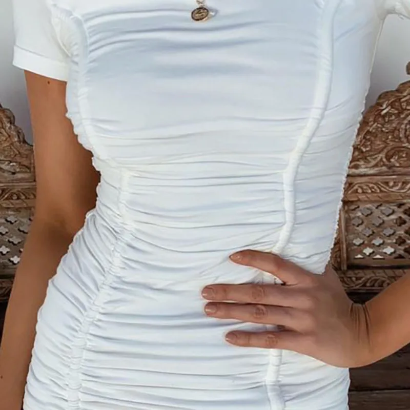 

New Ruched Pleated Bodycon Dresses Women Drawstring Short Sleeve Mini Party Dress Solid Basic Skinny Casual Basic Streetwear