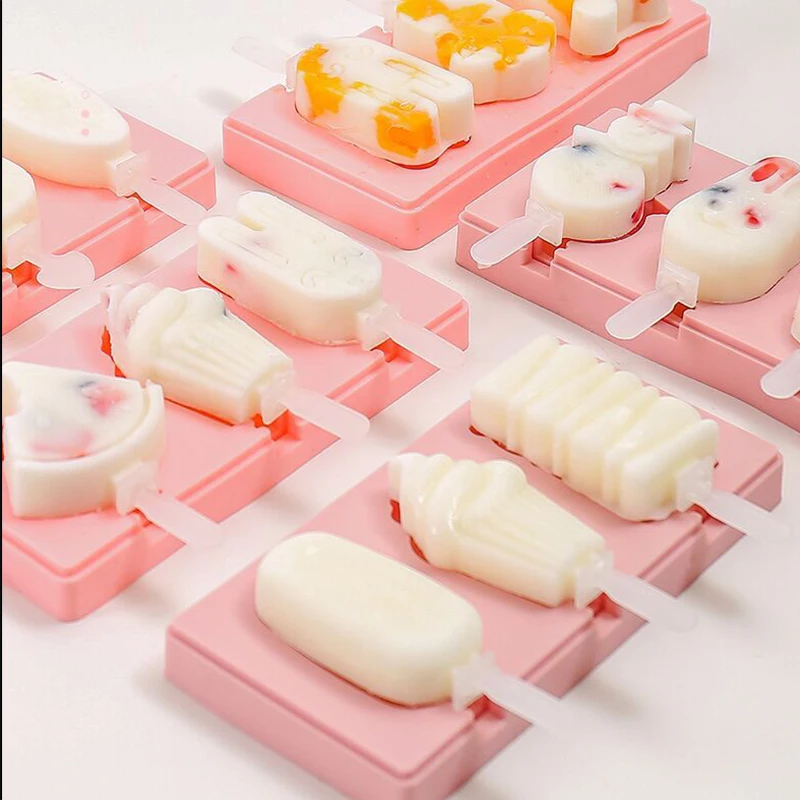 

Cute Cartoon Ice Cream Mold Silicone Popsicle Mould Reusable Ice Pop Mold With Lids and Sticks