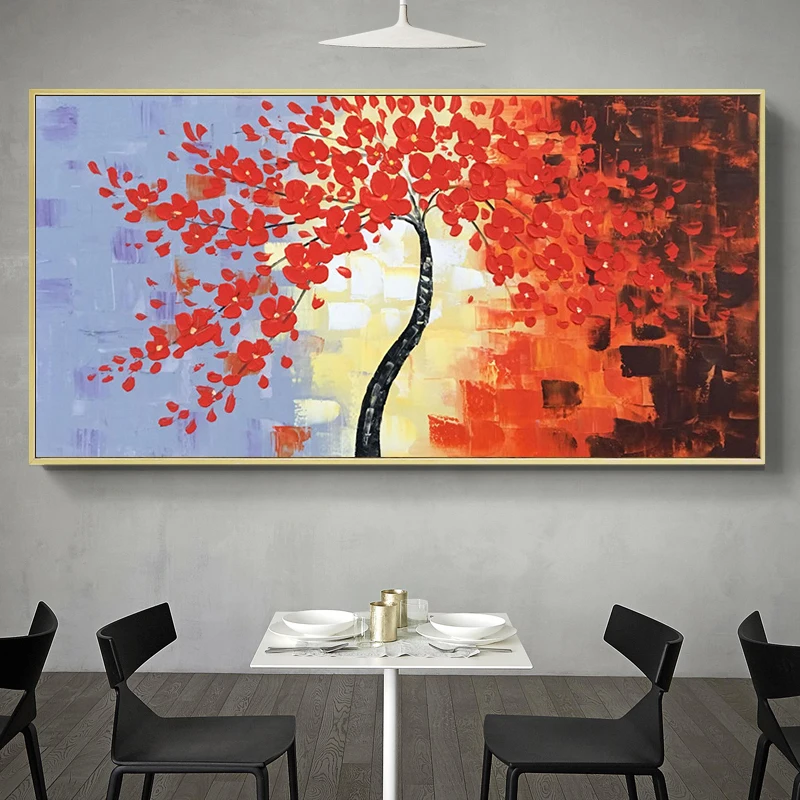 Абстрактная картина маслом на стене с изображением дерева заката волны постер