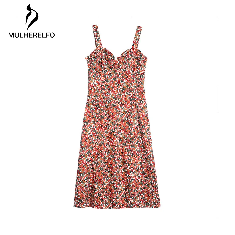 

Sleeveless Elegant Women's Floral Dresses Fruit Printing Female A-Line Slim Dress V-Neck Backless Pleated Vintage Women Dresses