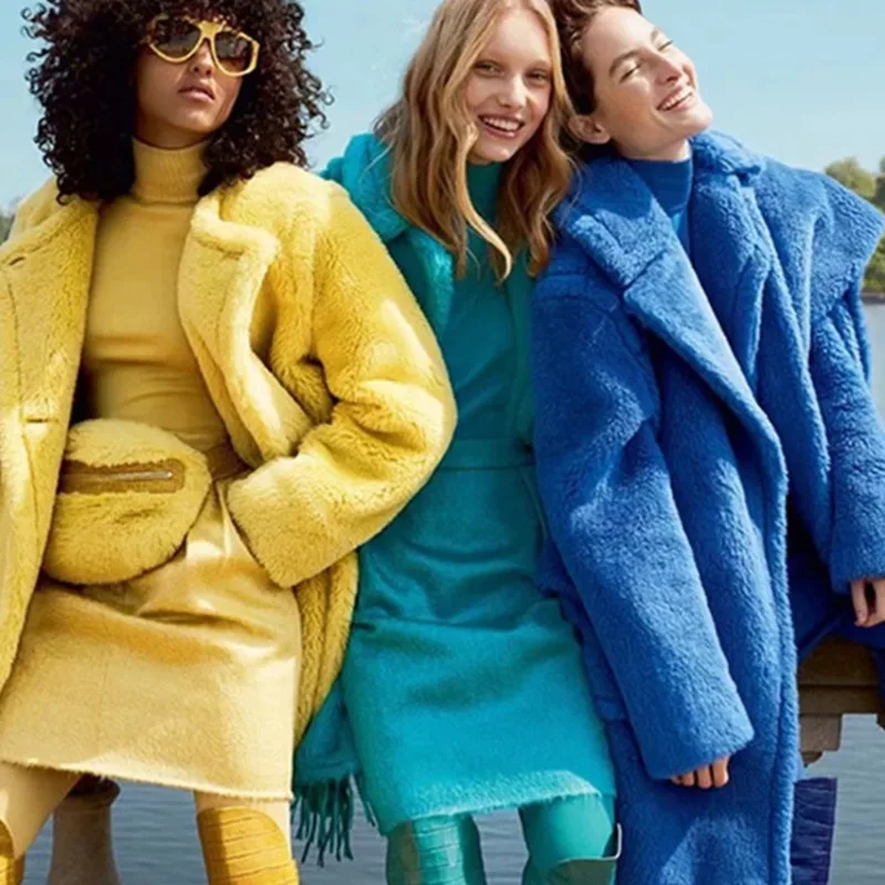 

Женское зимнее теплое меховое пальто с длинным отворотом, с имитацией овечьей шкуры