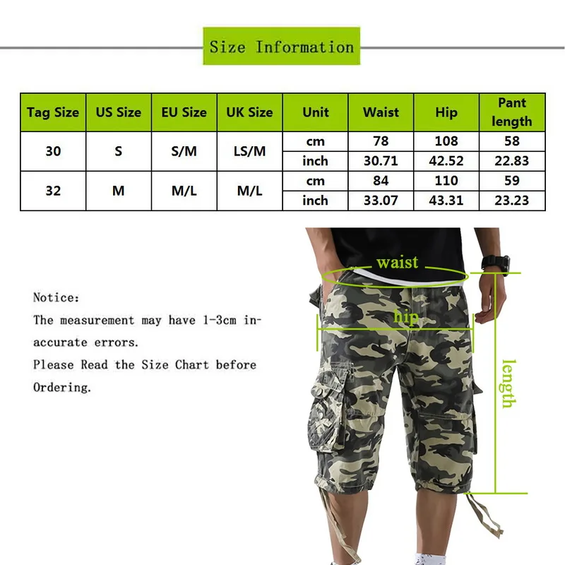 

Summer Men's Casual Cotton Cargo Shorts Overalls Long Length Multi Pocket Hot breeches Military Capri Pants Male Cropped Pants