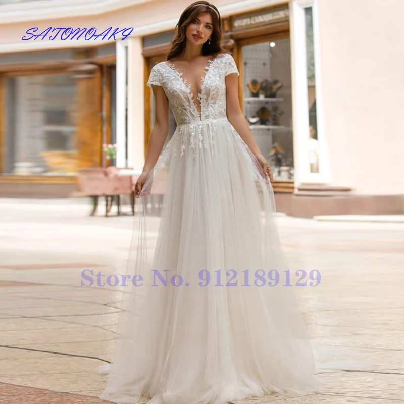 

Vestido De Novia Boho Tulle Wedding Dress 2022 for Women Lace Applique Cap Sleeves V-Neck Backless Bride Gown France Robe Mariée