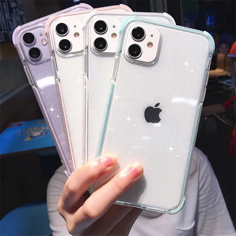 

Glitter Bling Powder Case on For iPhone 12 Pro Max Mini 11 X XS Max XR 7 8 Plus Transparent Silicone Phone Case TPU Back Cover