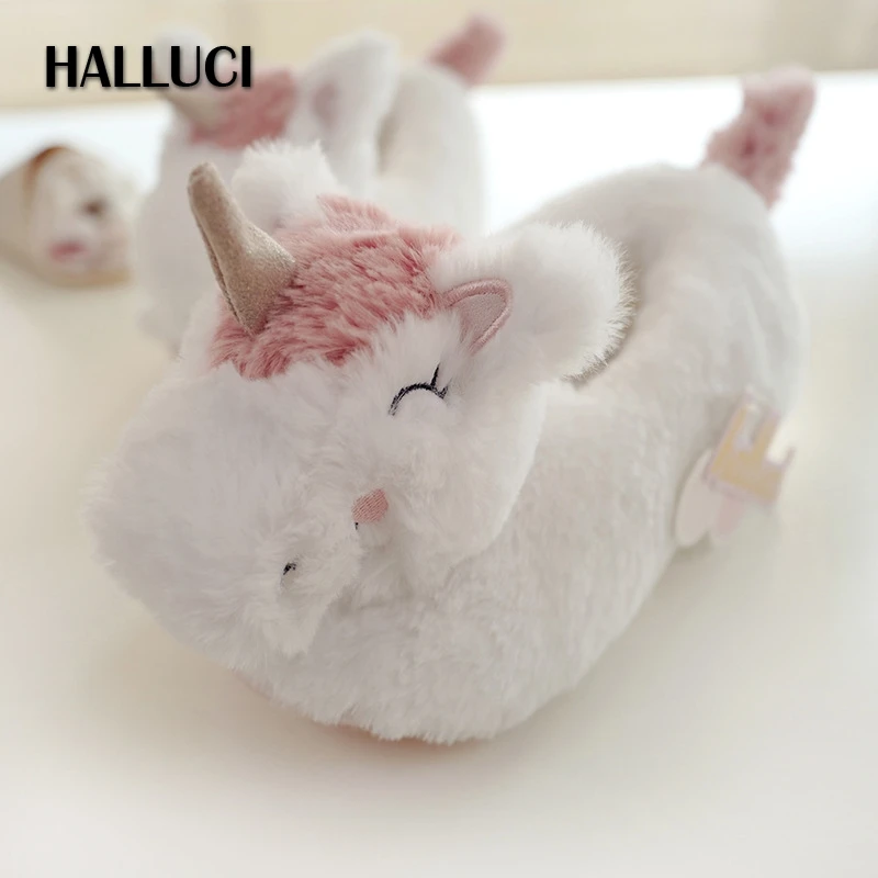 HALLUCI Unicornio/обувь на плоской подошве Женские зимние теплые домашние тапочки Милые
