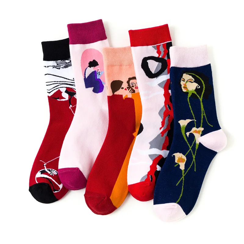 

5 пар/упак. женские хлопковые носки модные и красочные завод цветок искусства Стиль для отдыха с принтом носков пары гольфы