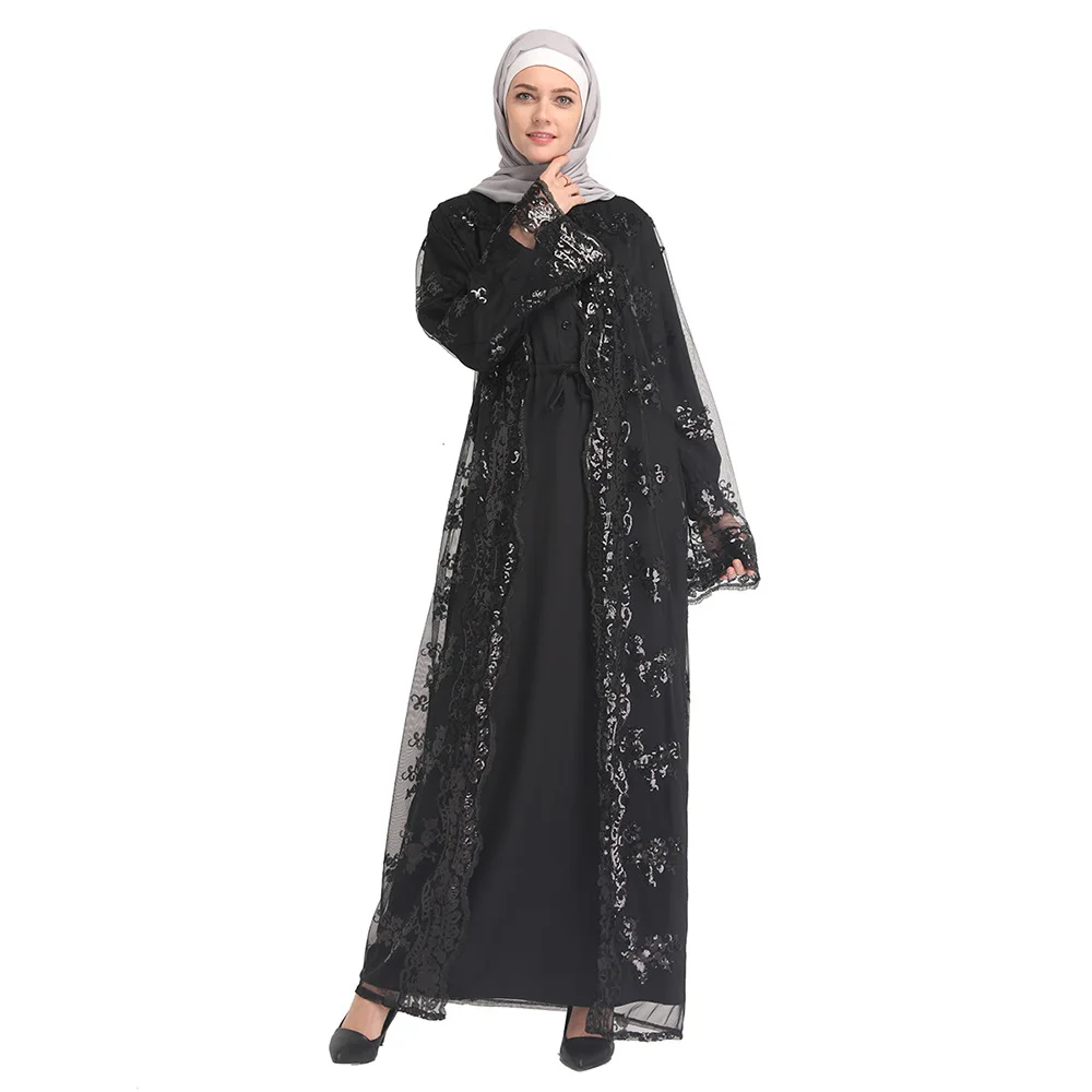 Abaya мусульманский женский кардиган, длинное платье макси, халат с открытой передней частью, кафтан, Дубай, цзилбаб, кружевное кимоно с блестк...