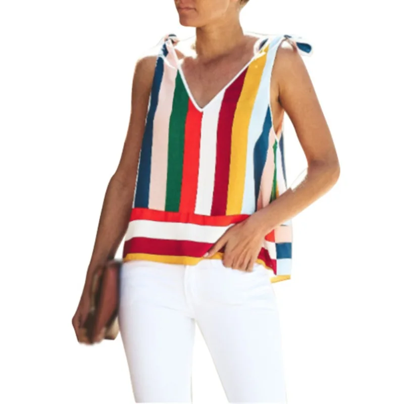 

Women's Sexy Rainbow Stripe Camisole Summer Causal Sleeveless Loose V Neck Tank Tops Women Simple Fashion Vest