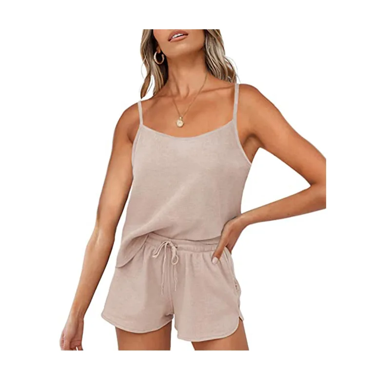 

Women Solid Strap Top&Shorts Summer Sleeveless Pajamas Set Comfy Sleep Set Femme 2PCS Sleepwear Casual Pijamas Suit Homewear