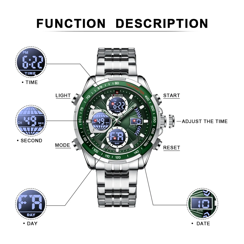 Фото NAVIFORCE мужские наручные часы повседневные спортивные водонепроницаемые светящиеся кварцевые часы из нержавеющей стали с двойным дисплеем мужские часы Reloj Hombre №2