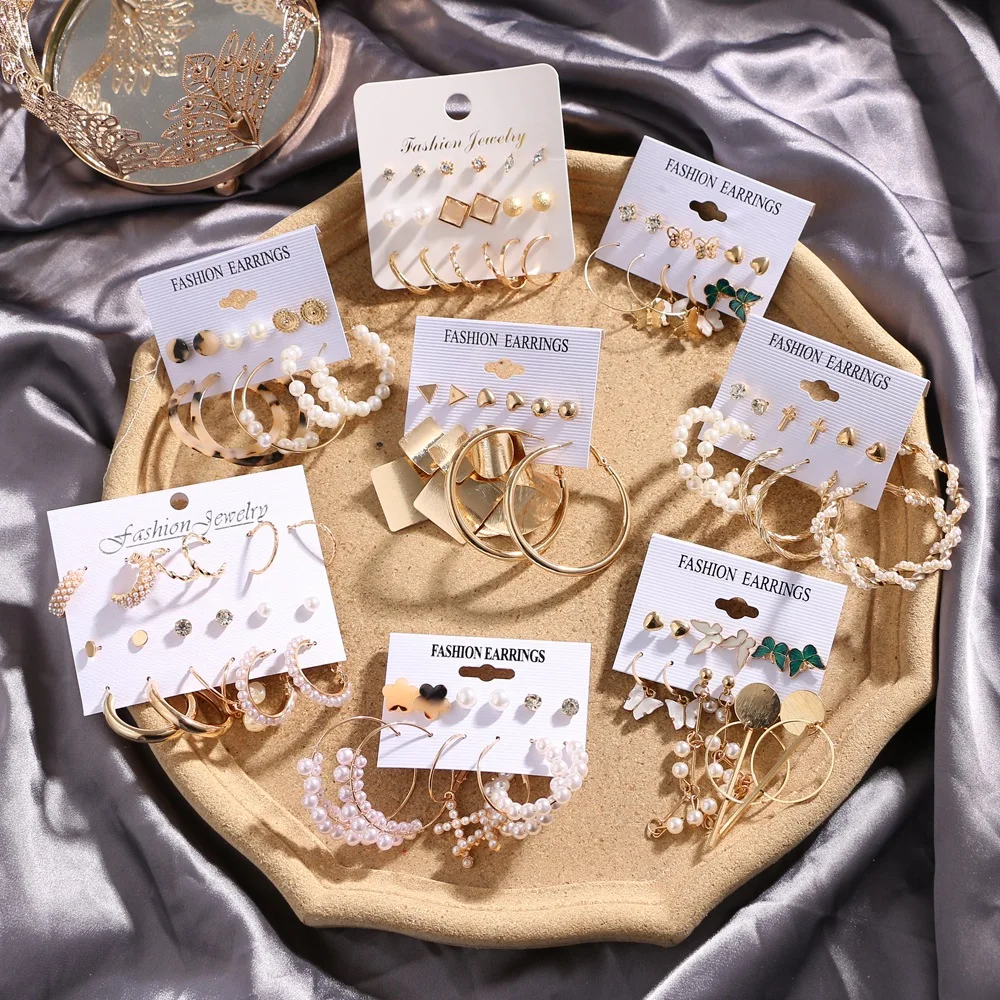 

Women's Earrings Korean Hoop Earrings for Women Vintage Pearl Butterfly Gold Cross Earring Set 2021 Trend Earings Female Jewelry