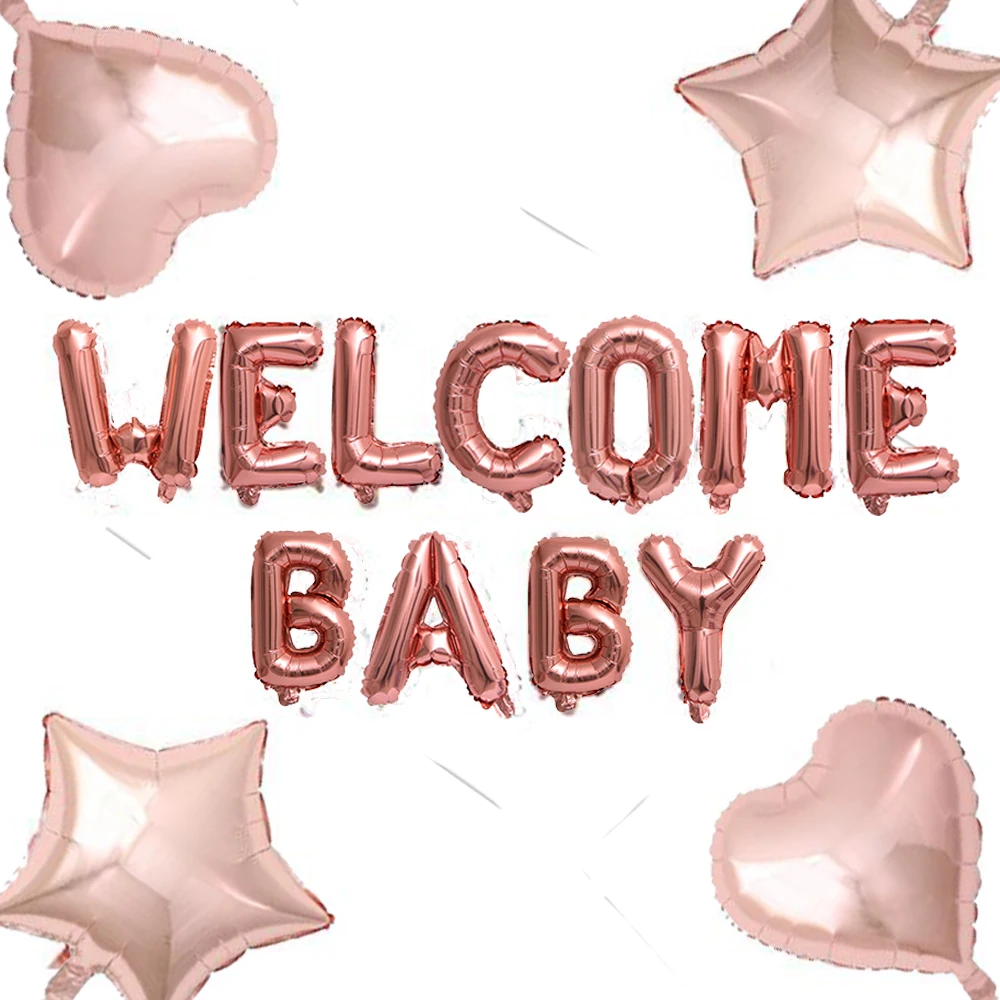 1set 16inch welcome baby letter balloons banner bunting with 18inch star heart balloons baby shower birthday party decorations free global shipping