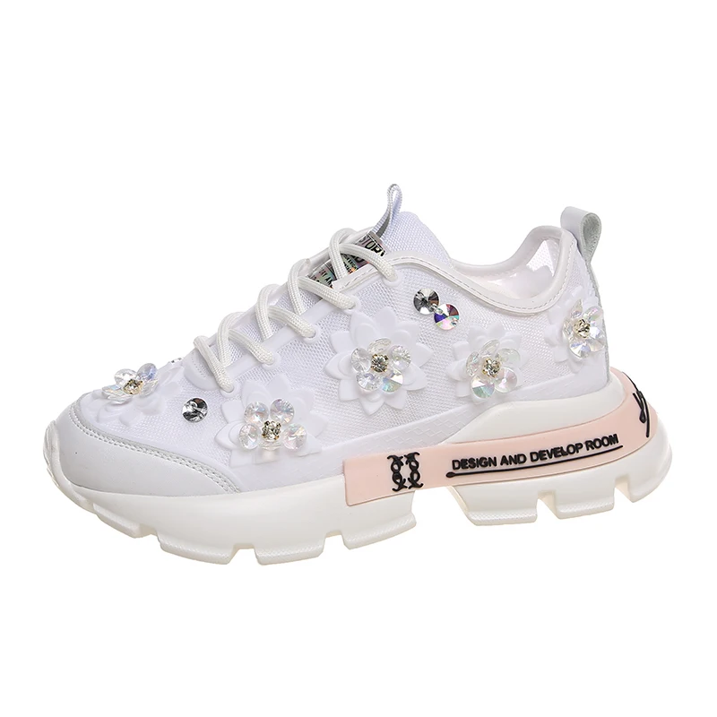 

Women's vulcanized shoes women's flowers rhinestone sneakers ladies casual shoes breathable ladies walking flat bottom students