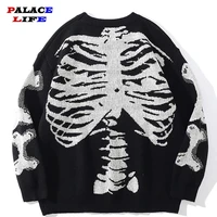 men oversized sweater black loose skeleton bone print women vintage retro knitted sweater 2021 autumn cotton pullover unisex