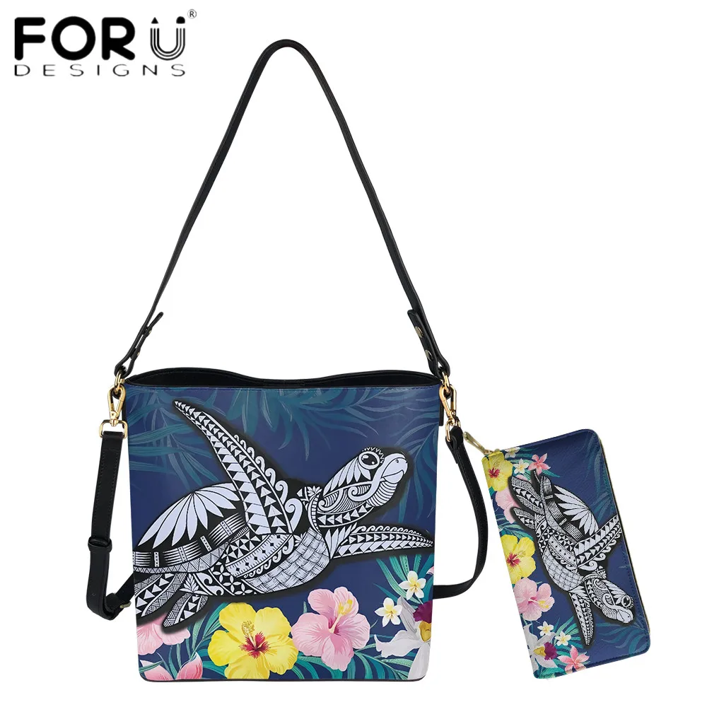 

FORUDESIGNS Hawaii Tropical Turtle Polynesian Tribal Design Bucket Bag And Purse For Women Luxury PU Leather Bolsa Femme