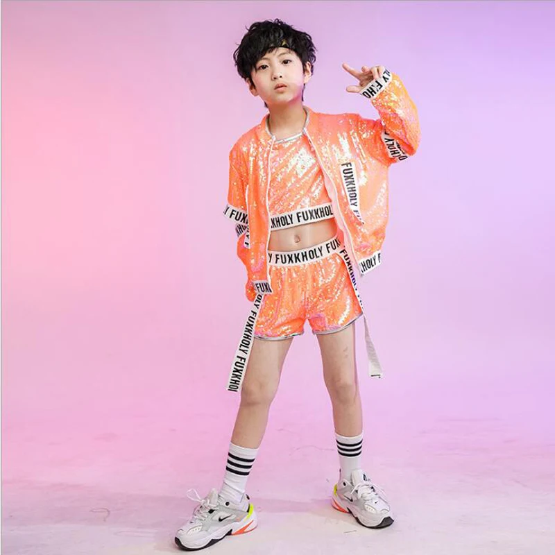 Детская танцевальная одежда с блестками в стиле хип-хоп Оранжевая Куртка топ