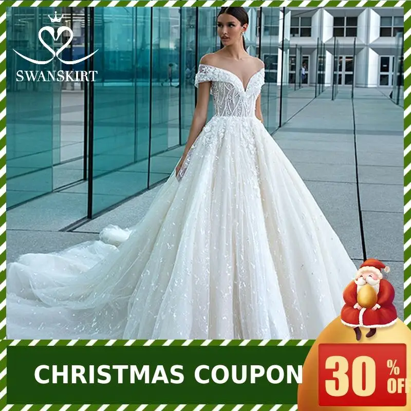 Luxury Off the Shoulder Wedding Dress Swanskirt Sexy Appliques Beaded Ball Gown Princess Bride Gown Vestido de noiva F128