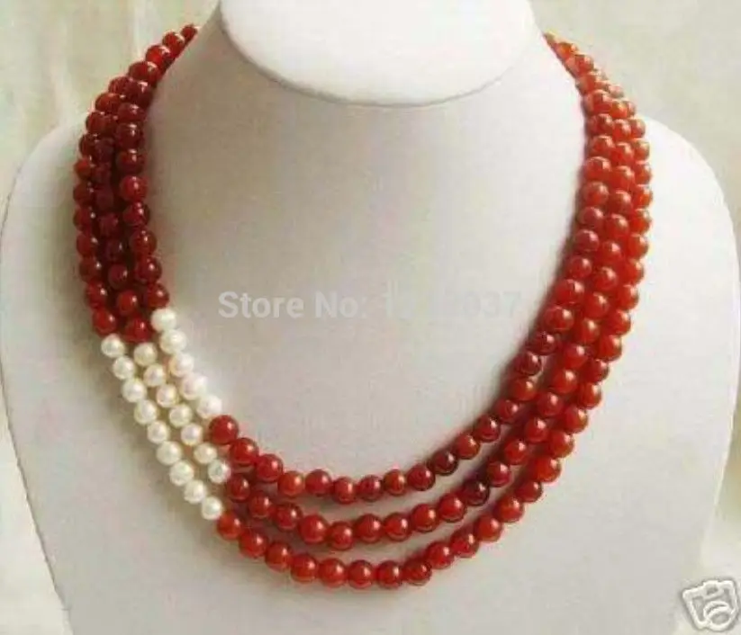 

NEW Superb 3 Rows 8mm Red agates and White Pearl Necklace 20"