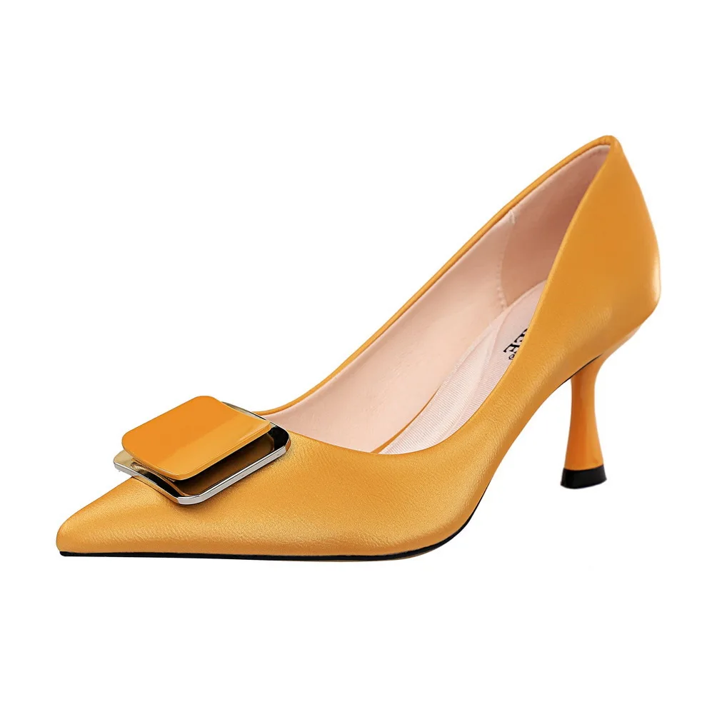 

European And American-Style High-Heel jiu bei gen Shallow Mouth Pointed Metal Belt Buckle Career Ol High Heels Shoes