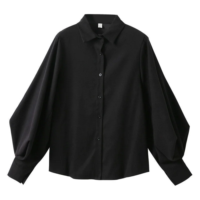 

Deeptown Lantern Sleeves Vintage Shirts Women Elegant White Womens Blouse with Lush Sleeves Fashion Button Up Shirt Black