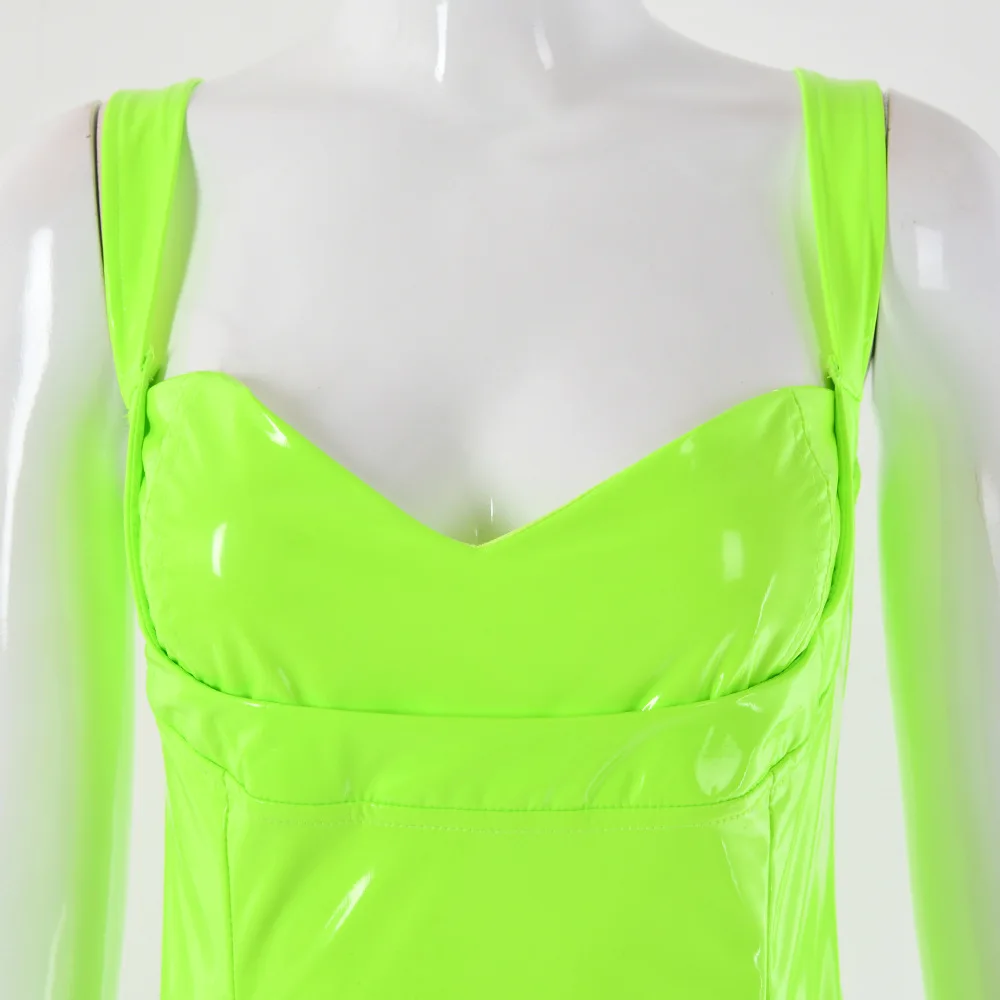 

2021 Orange Pu Leather Dress Women Shiny Strap Deep V Neck Low Cut Party Dress Mini Solid Color Sexy Bodydon Dress Green
