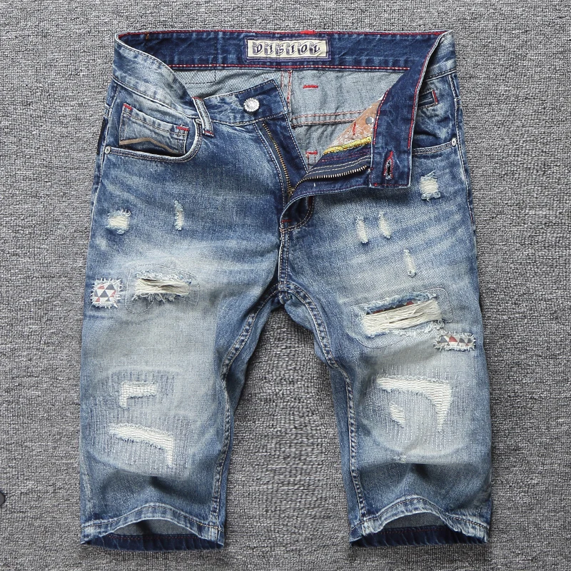 Italian Style Fashion Men Jeans Retro Blue Embroidery Destroyed Ripped Denim Shorts Patches Designer Hip Hop Short Jeans Men