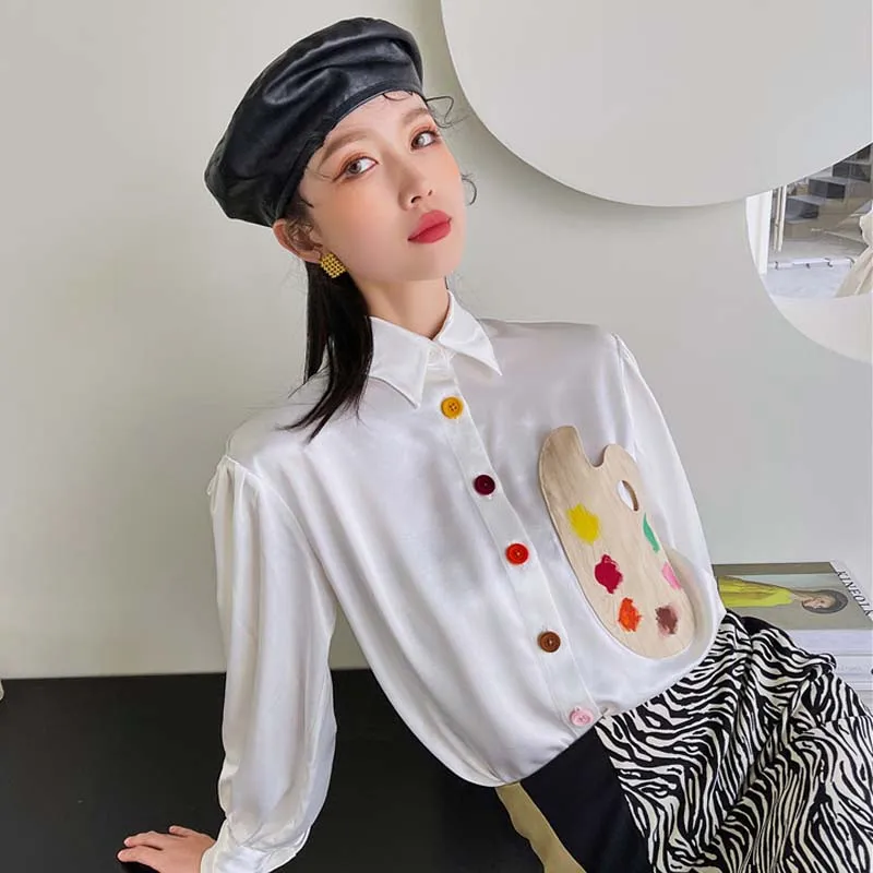 

2021 Spring Autumn Women Satin Blouse Chic Design Printing Splicing Single-Breasted Female Blouses Fashion Ladies Shirts Tops