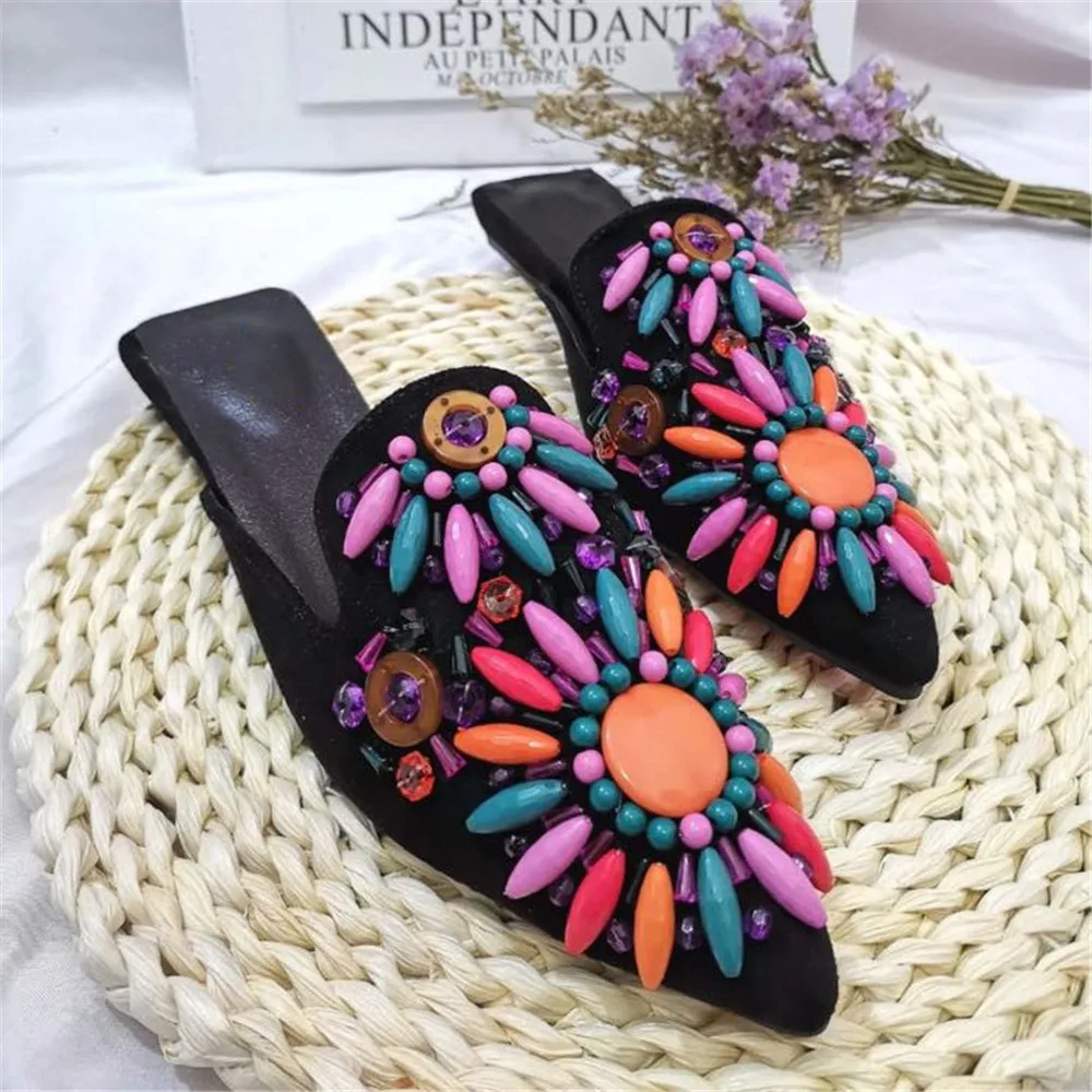 

New Summer Fashion Hot Women's Sandals Soft Kid Suede Women's Shoes Mixed Color Flat With Shoes Top Quality String Bead Shoes