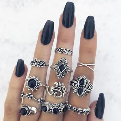 

11Pcs/Set New Vintage Silver Black Rings Personality Jewelry Stainless Steel Women's Rings European And American 2021 Style