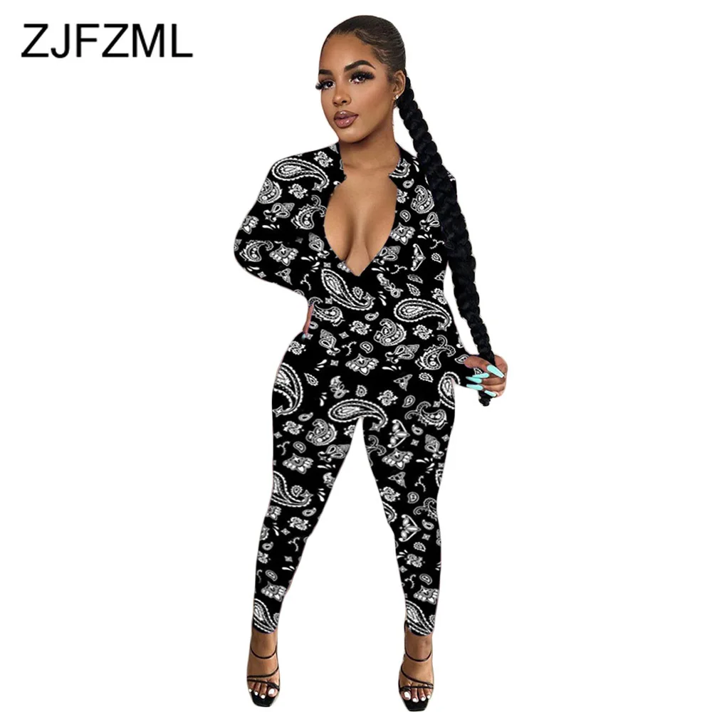 

Комбинезон с принтом пейсли, женский комбинезон с длинным рукавом, глубоким V-образным вырезом, спортивный комбинезон, уличная одежда, черны...