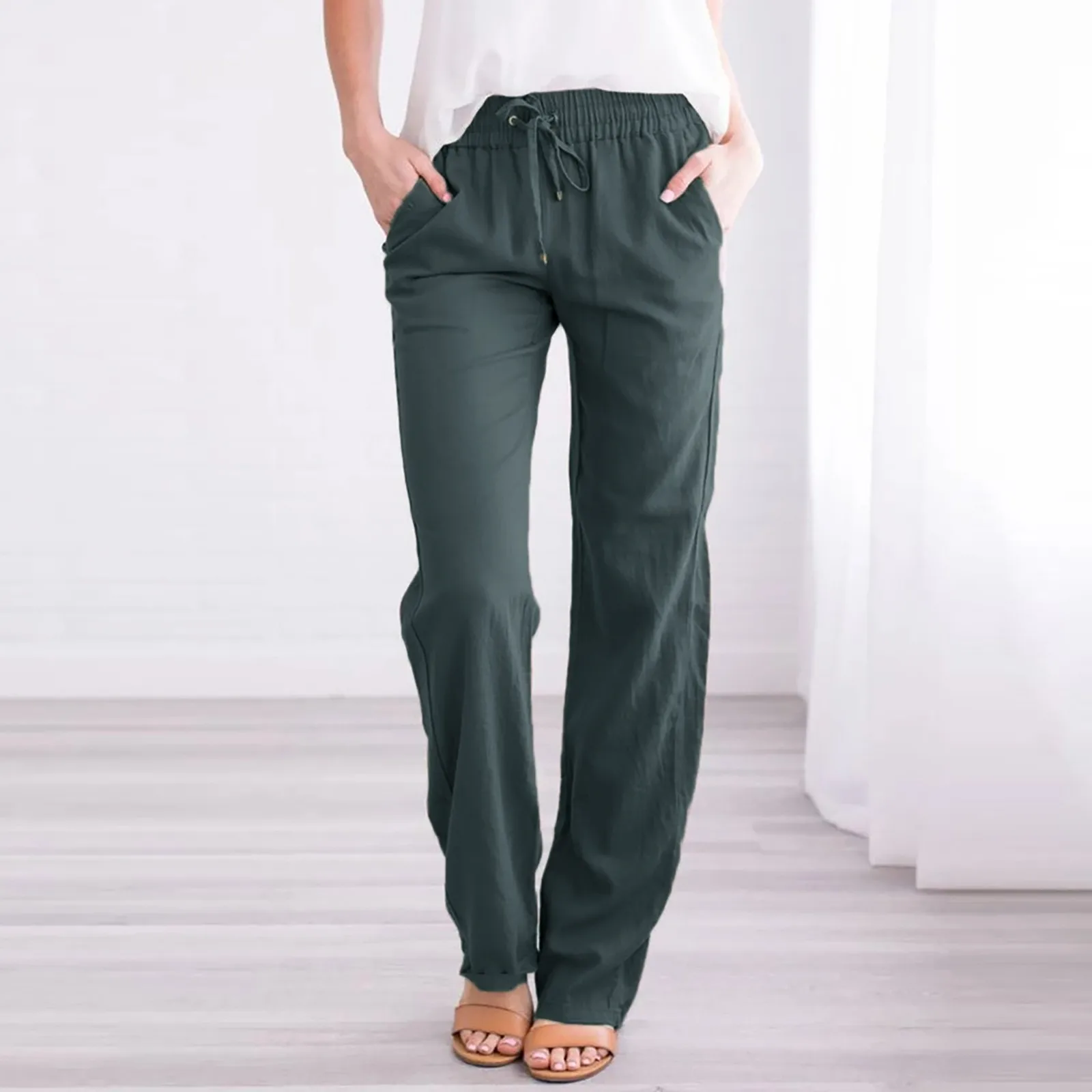 

Women Summer Long Trousers Vintage Cotton Linen Solid Color Pants Casual Elastic Waist Party Female Palazzo Plus Size 2021